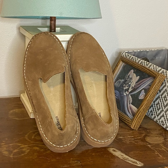 LL Bean Womens Tan Brown Stonington Nubuck Leather Slip-on Loafer Flats Size 9 M - Picture 1 of 4